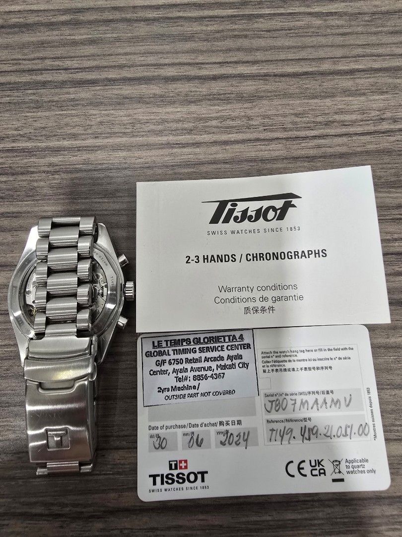 Tissot PR516 (Category: Luxury Watches) located in Quezon City. Submitted by alvinsy8000 (Listing ID 1465503177, Image 3). Description: Tissot PR516 Mechanical Chronograph (Ref. T149.459.21.051.00). 41 mm dial Key Features & Details: * Movement: Swiss manual-winding mechanical movement (Caliber Valjoux A05.291). * Case Size: 41 mm diameter, 316L stainless steel. * Dial: Black dial with blue accent details, Super-LumiNova® coated hands and indices