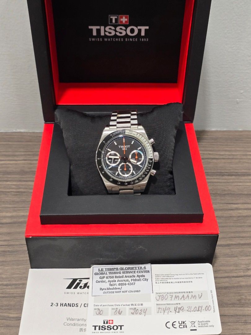 Tissot PR516 (Category: Luxury Watches) located in Quezon City. Submitted by alvinsy8000 (Listing ID 1465503177, Image 1). Description: Tissot PR516 Mechanical Chronograph (Ref. T149.459.21.051.00). 41 mm dial Key Features & Details: * Movement: Swiss manual-winding mechanical movement (Caliber Valjoux A05.291). * Case Size: 41 mm diameter, 316L stainless steel. * Dial: Black dial with blue accent details, Super-LumiNova® coated hands and indices