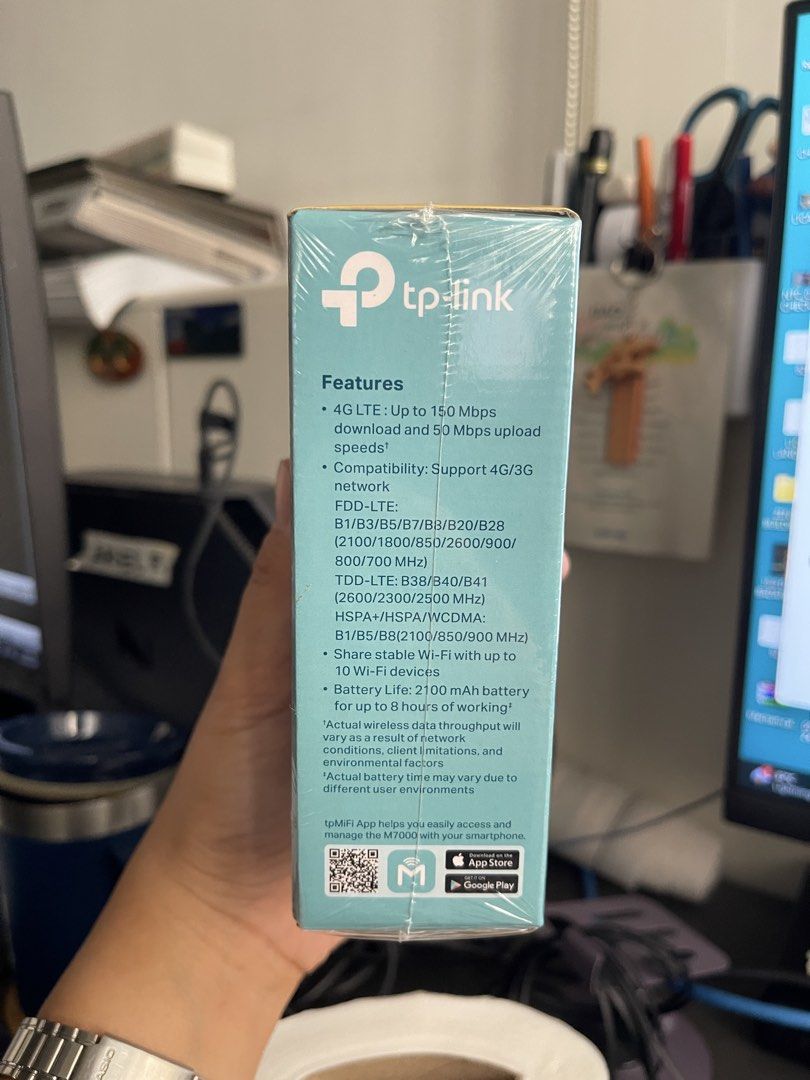 TP-Link M7000 4G LTE Mobile Wi-Fi Router (Category: Networking) located in Makati City. Submitted by vertaronda2 (Listing ID 1465411276, Image 2). Description: - Brand new & 100% sealed in original plastic packaging - Fast 4G LTE connection with up to 150 Mbps download speeds - Connect up to 10 devices simultaneously (phones, laptops, tablets) - Long-lasting 2100 mAh battery provides up to 8 hours of continuous use - Complete in-box accessories: 