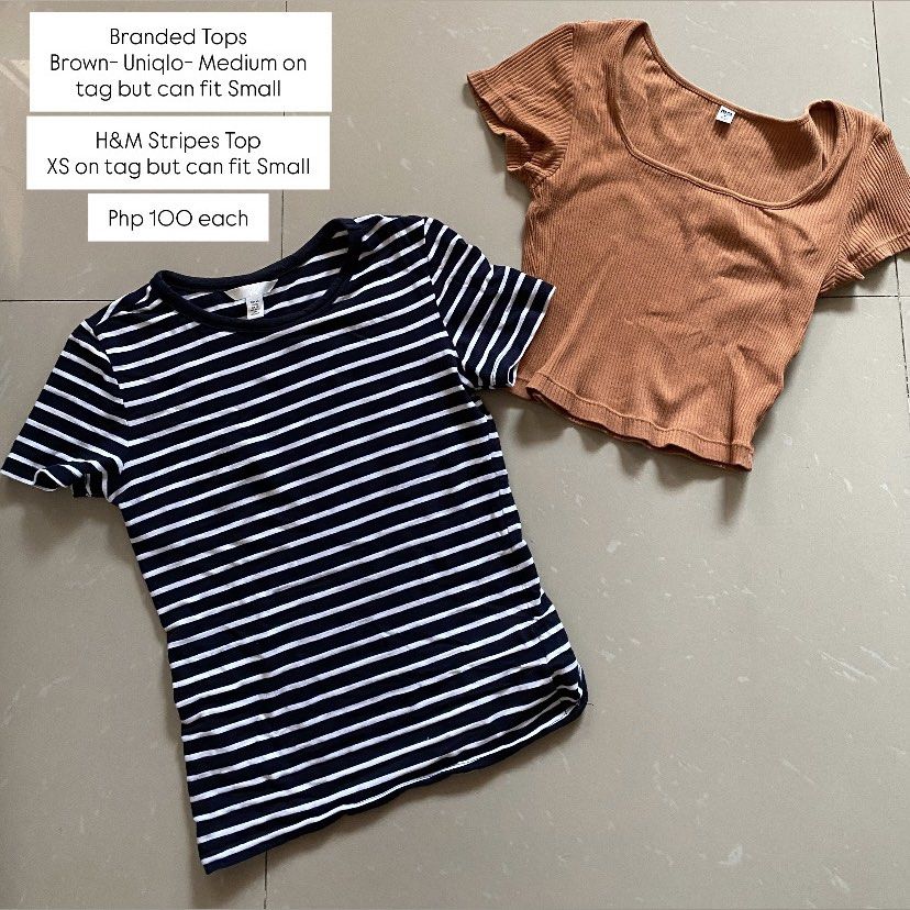 Uniqlo & H&M Branded Tops (Category: Shirts) located in Imus. Submitted by theninetiesboxph (Listing ID 1465407983, Image 1). Description: - 2 branded basic tops available for individual purchase - Brown Ribbed Top: Uniqlo, tagged Medium (fits Small) - Navy & White Striped Top: H&M, tagged XS (fits Small) - Material: Comfortable cotton-blend with short sleeves - Perfect for casual everyday outfits.