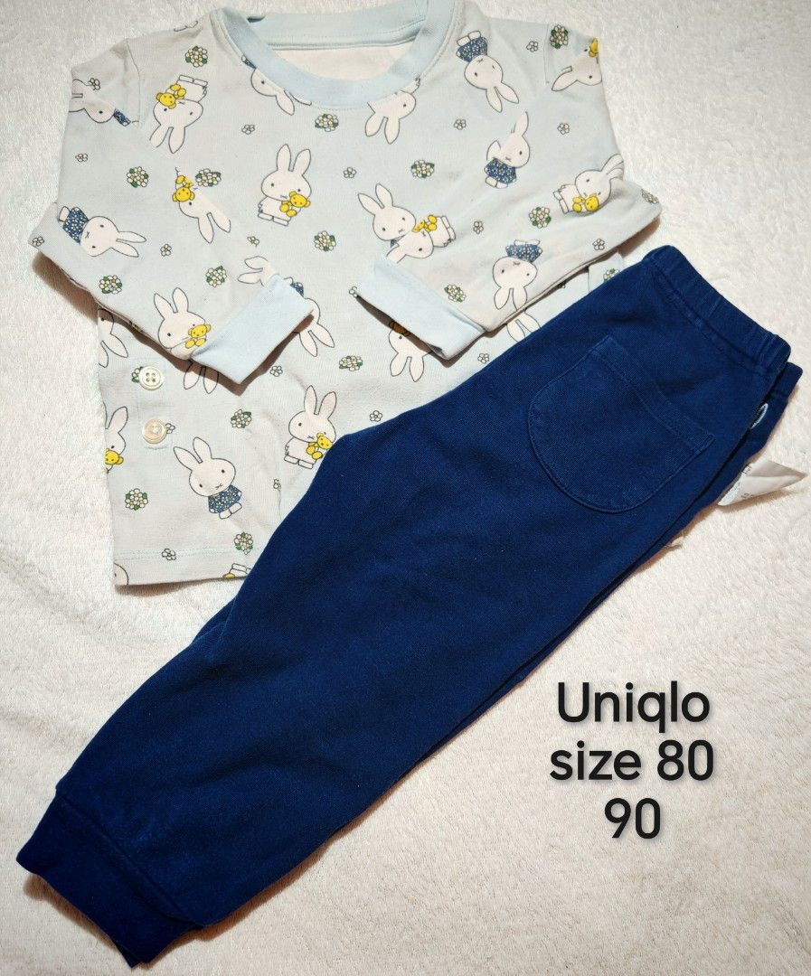 Uniqlo Pajamas Set Size 80 (Category: Babies & Kids Fashion) located in Quezon City. Submitted by maypamor (Listing ID 1465466384, Image 1). Description: - Brand: Uniqlo - Design: Miffy rabbit print top (light blue) with shoulder buttons + plain dark blue pants with back pocket - Material: Soft, breathable cotton for ultimate bedtime comfort - Size: Fits 80 - Perfect for your little one's sweet dreams! *Preloved Clothes not from Ukay Location Que