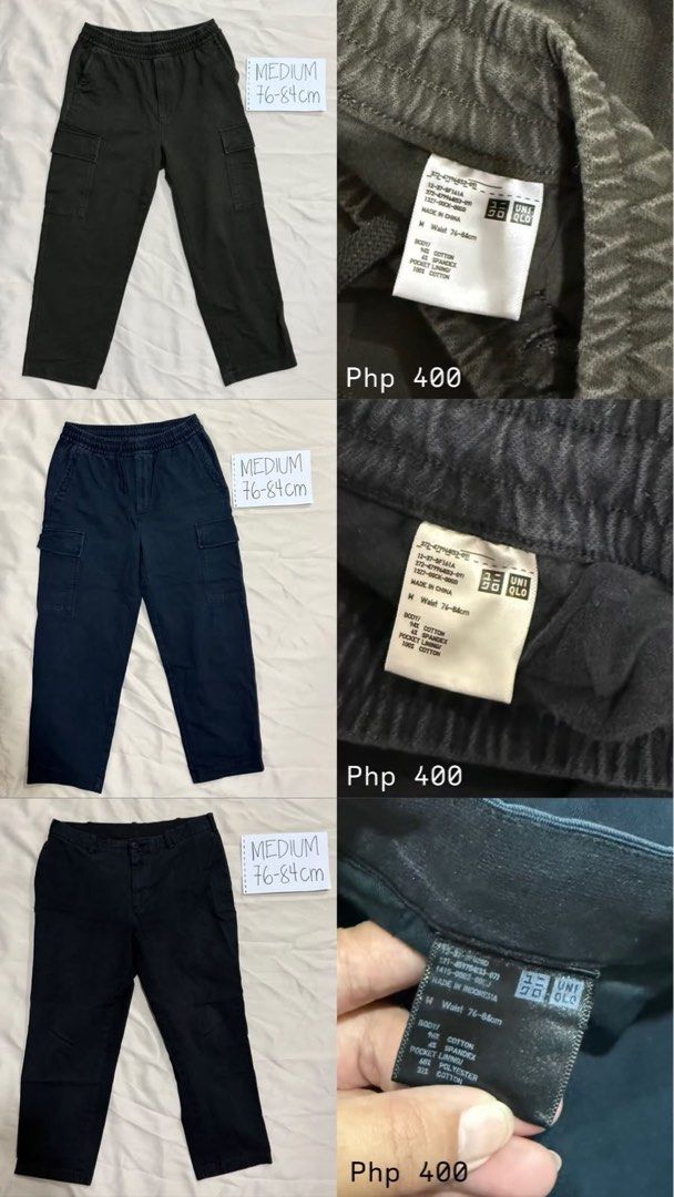 Uniqlo Pants Medium 76-84cm (Category: Trousers) located in Quezon City. Submitted by siobedoo (Listing ID 1465515287, Image 1). Description: - Brand: Uniqlo - Item: Casual and cargo trousers - Size: Medium (fits waist 76 to 84 cm) - Price: Php 350 to Php 400 RFS: these are my partner’s old pants (all are well taken care of!) nakasikipan lang talaga Price is negotiable if you buy more than 1 pair.