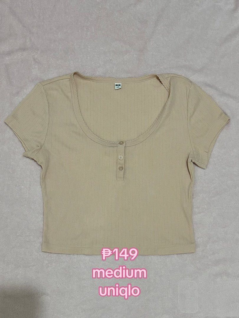 Uniqlo Ribbed Button Front Crop Top Medium (Category: Shirts) located in Santa Rosa. Submitted by phbrnf (Listing ID 1465509994, Image 1). Description: - Brand: Uniqlo - Item: Ribbed Crop Top - Color: Pink Beige - Size: Medium - Fabric: Soft, textured, and stretchy.