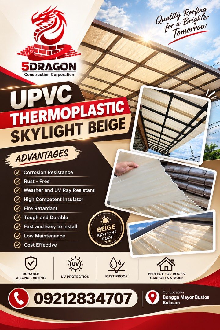 UPVC Thermoplastic Skylight Beige Roofing Sheet (Category: Construction & Building Materials) located in Manila. Submitted by kitbizshop2026 (Listing ID 1465444273, Image 1). Description: - Material: UPVC Thermoplastic - Color: Beige - Key Features: Corrosion-resistant, rust-free, UV protection, fire retardant, and high thermal insulation - Benefits: Tough construction, easy to install, low maintenance, and cost-effective - Ideal For: Roofs, carp
