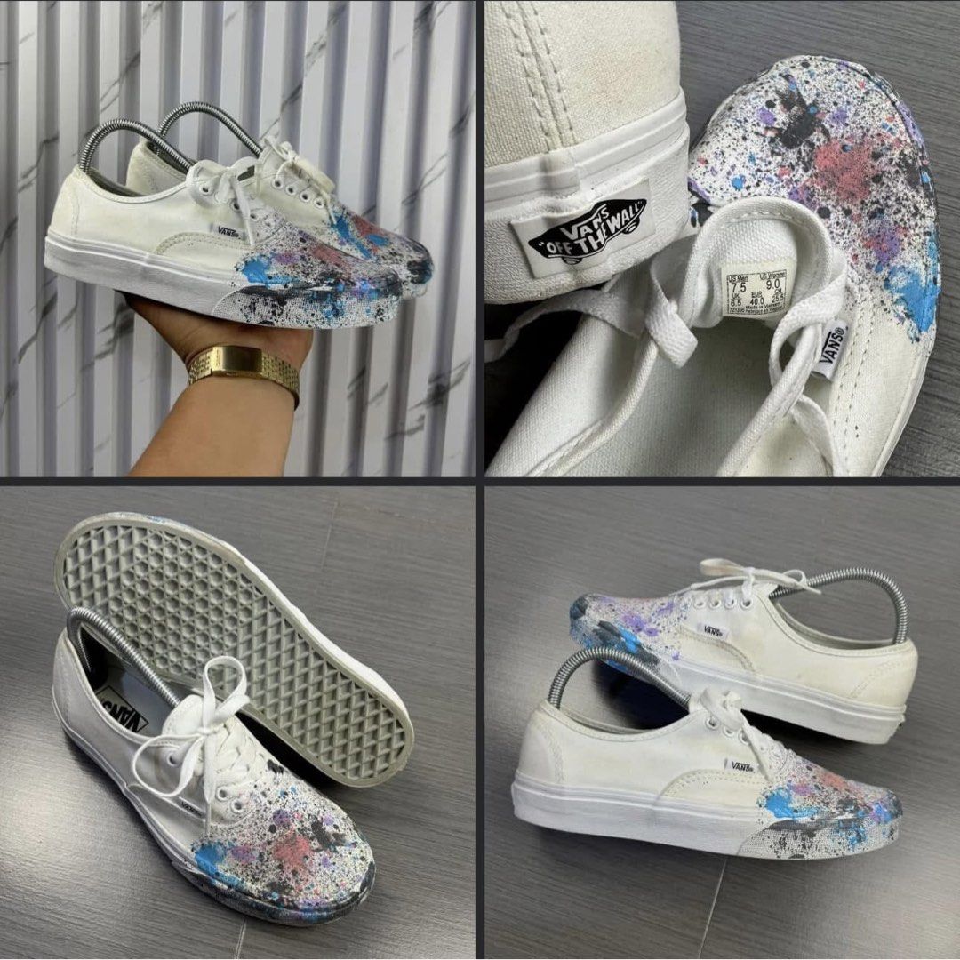 Vans Authentic Paint Splatter Custom Sneakers Size US 7.5 (Category: Sneakers) located in Caloocan City. Submitted by mzcollection_349 (Listing ID 1465417603, Image 1). Description: - Brand: Vans - Style: Authentic Low-Top Sneakers (Custom Paint Splatter) - Color: White with multicolored paint splatter on toe - Size: US Men 7.5 / US Women 9.0 / EUR 40.0 - Condition: Minimal wear, excellent overall condition - Features: Clean white laces, classic 