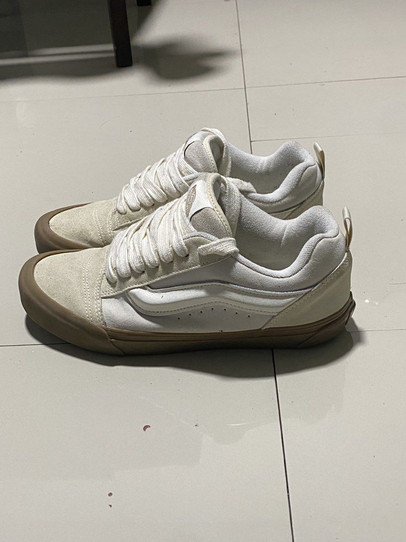 Vans Knu Skool White Gum (Category: Sneakers) located in Baguio. Submitted by yunothewizardking (Listing ID 1465487623, Image 2). Description: Vans skate sneakers in cream canvas and suede. Thick gum toe cap and matching gum sole. Padded collar with heel pull tabs. Classic side stripe design with perforation details on the midfoot. Chunky white laces. Clean look overall..