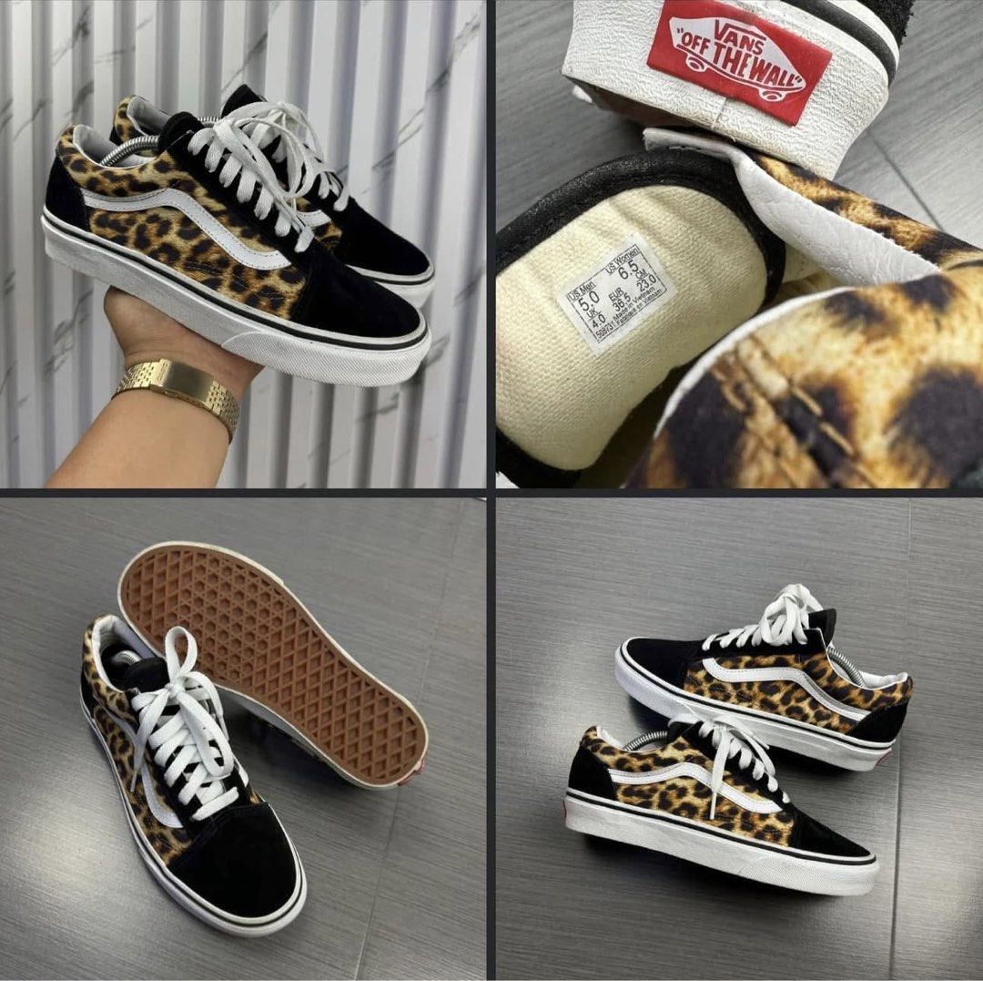 Vans Old Skool Leopard Print Sneakers (Category: Sneakers) located in Caloocan City. Submitted by mzcollection_349 (Listing ID 1465418244, Image 1). Description: - Brand: Vans Old Skool - Design: Bold leopard print with black suede toe caps and heel counters - Details: Classic white side stripe, white laces, clean white midsides, and red "Off The Wall" heel license plate - Soles: Signature waffle gum rubber outsoles - Size: US Men 5.0 / US Women 