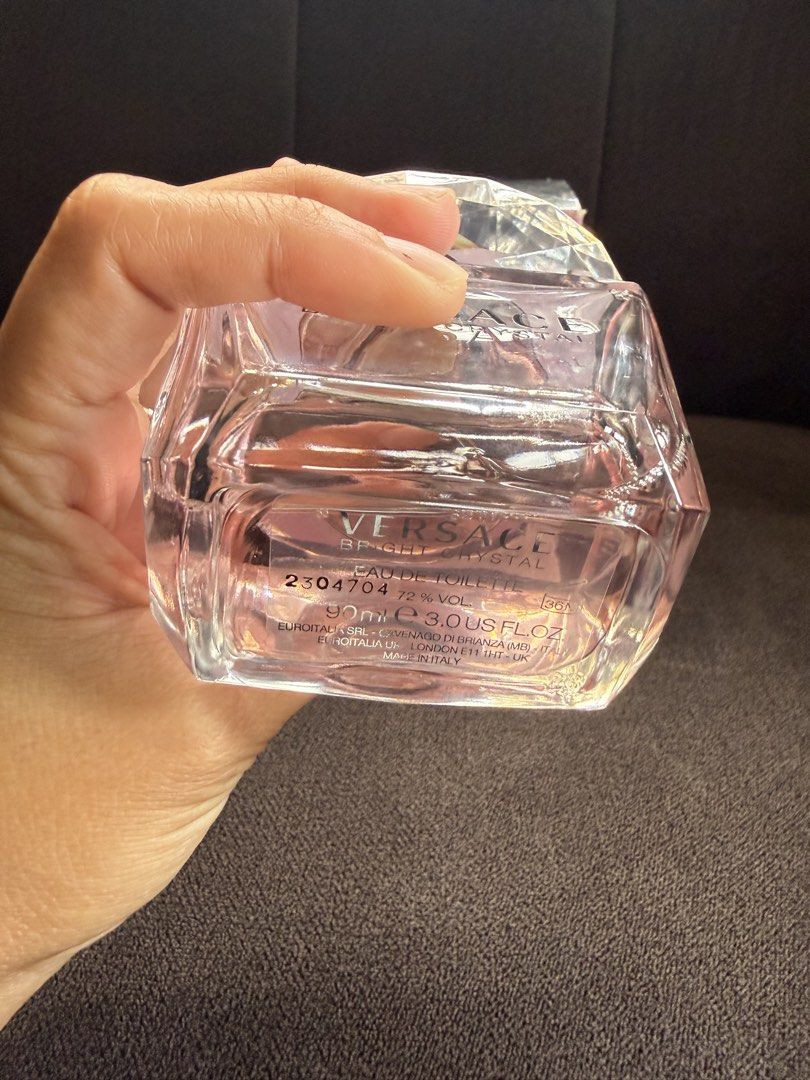 Versace Bright Crystal Eau De Toilette 90ml (Category: Fragrance & Deodorants) located in Cebu City. Submitted by boodle_poodle (Listing ID 1465439369, Image 3). Description: - Authentic Versace Bright Crystal Eau de Toilette - Generous 90ml full-size bottle with iconic faceted crystal cap - Comes with original pink box - Fresh and floral-fruity scent, perfect for everyday wear - Few Sprays Missing - Reason for selling: Decluttering vanity space 