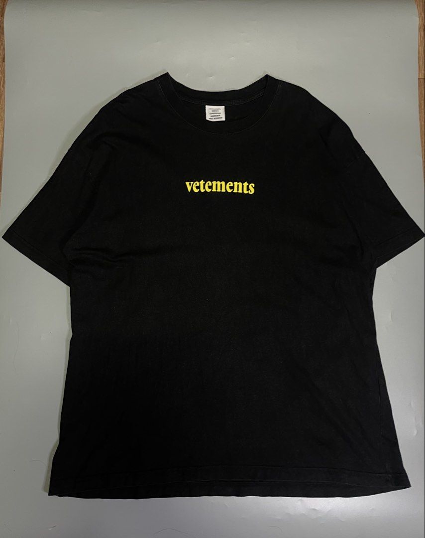 Vetements short-sleeve T-shirt (Category: Activewear) located in Bocaue. Submitted by mosthighcollective (Listing ID 1465528811, Image 1). Description: Vetements short-sleeve T-shirt Size: L to XL Dimes: 23 width 29 length Excellent condition No issue 1000 only Dm me to purchase 📥.