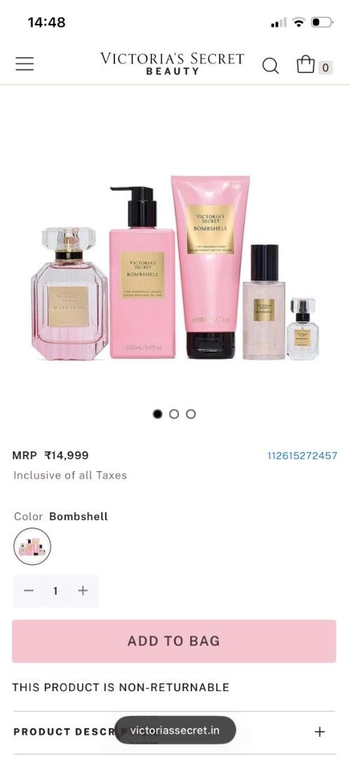Victoria's Secret Bombshell Gift Set (Category: Fragrance & Deodorants) located in Pasay City. Submitted by varicamic91286 (Listing ID 1465445638, Image 2). Description: - 100% Authentic Victoria's Secret Bombshell Full Gift Set - Brand new, unopened, and comes in its original pink presentation box (MFG: 02/24) - Fragrance Notes: Purple passion fruit, Shangri-La peony, and vanilla orchid - Set Inclusions: * Eau de Parfum (100ml / 3.4 fl oz) * Min