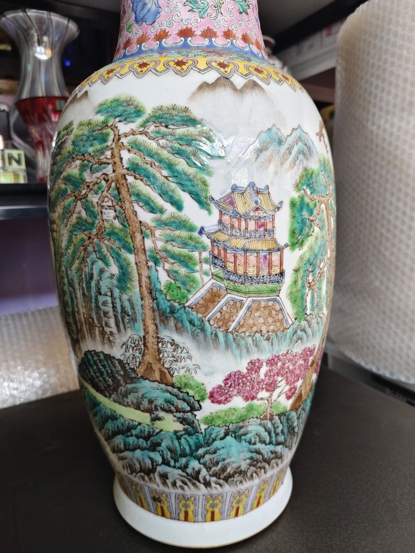 Vintage Porcelain Vase (Category: Vases & Decorative Bowls) located in Davao. Submitted by dvo_jpnstuff (Listing ID 1465421102, Image 3). Description: This is a vintage Chinese Famille Rose porcelain vase featuring a hand-painted landscape scene with a traditional pavilion and pine trees.