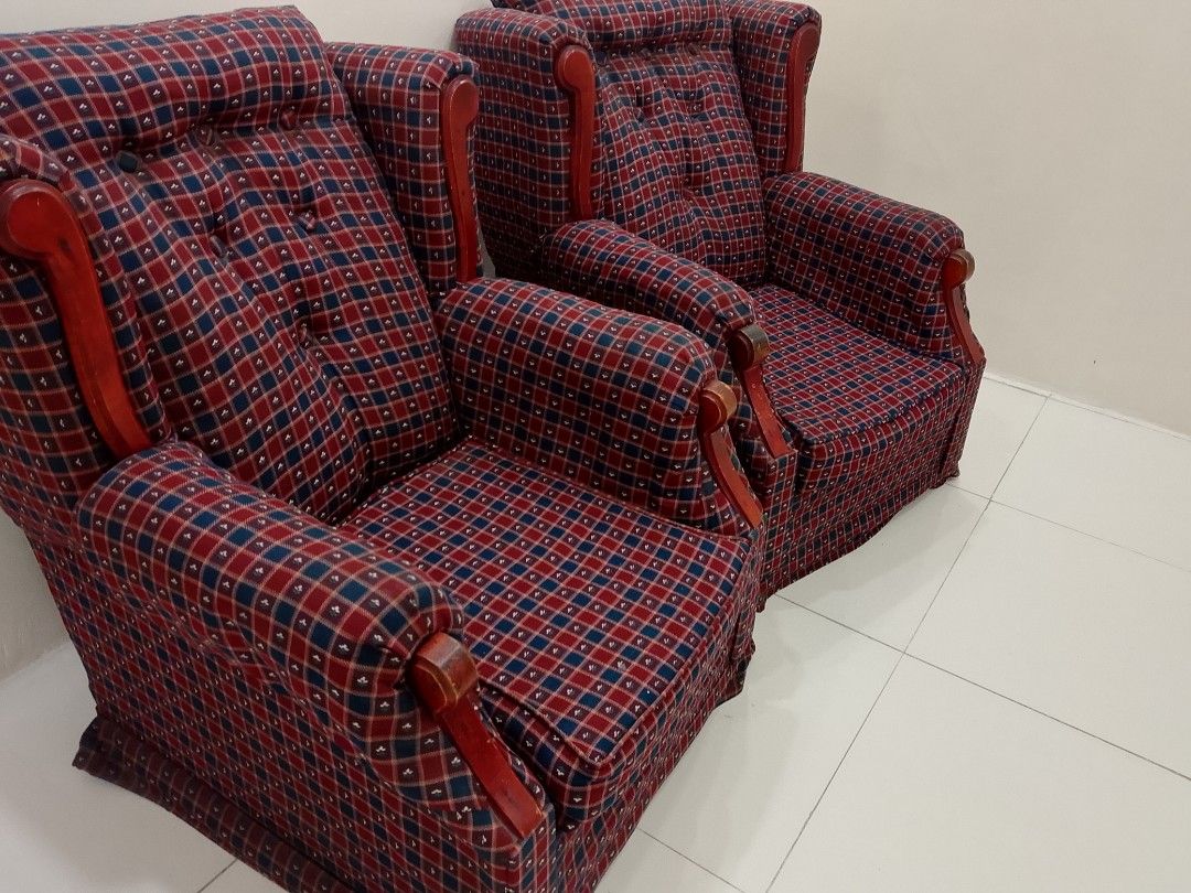 Vintage red and blue patterned armchairs pair (Category: Chairs) located in Antipolo. Submitted by sha_fores (Listing ID 1465441502, Image 1). Description: - Matching pair of armchairs - Classic red and blue checkered pattern with white motifs - Button-tufted backrests and padded armrests for extra comfort - Elegant wooden trim along the edges - Solid and sturdy build - Ideal for living rooms, studies, or reading corners - Selling both pieces tog