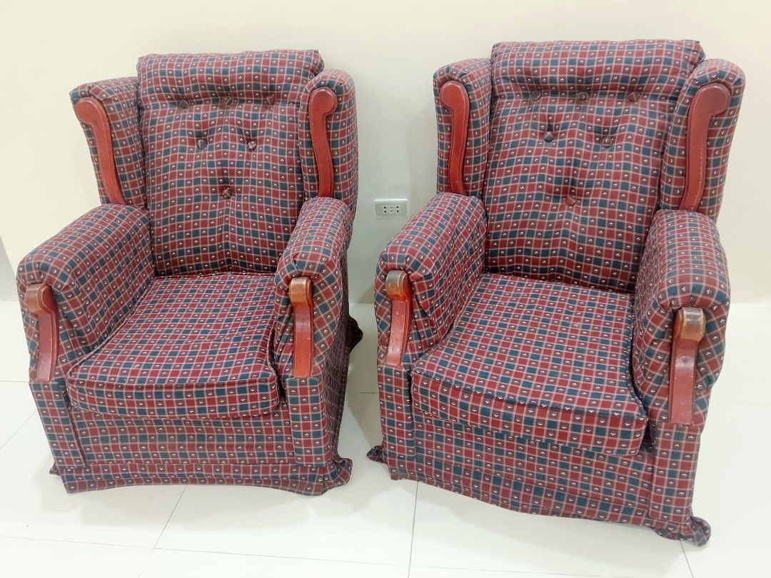 Vintage red and blue patterned armchairs pair (Category: Chairs) located in Antipolo. Submitted by sha_fores (Listing ID 1465441502, Image 2). Description: - Matching pair of armchairs - Classic red and blue checkered pattern with white motifs - Button-tufted backrests and padded armrests for extra comfort - Elegant wooden trim along the edges - Solid and sturdy build - Ideal for living rooms, studies, or reading corners - Selling both pieces tog