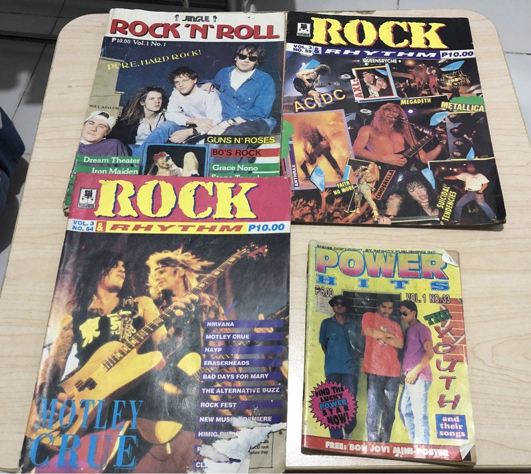 Vintage Rock N Roll and Rock & Rhythm Magazines Bundle (Category: Magazines) located in Manila. Submitted by kulabot1516 (Listing ID 1465533274, Image 1). Description: - Set of 4 vintage Philippine music magazines - Includes: Rock N Roll Vol. 1 No. 1 (Guns N Roses), Rock & Rhythm Vol. 3 No. 54 (Motley Crue), Rock & Rhythm Vol. 3 No. 59 (AC/DC), and Power Hits Vol. 1 No. 33 (The Youth) - Features classic band articles, rare posters, and lyrics - C