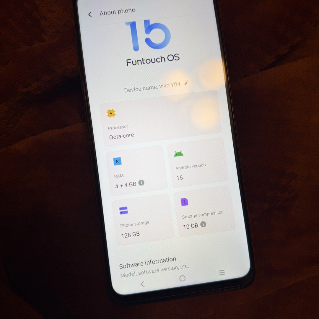Vivo Y04 128GB (Category: Vivo) located in Taguig. Submitted by exidofficial (Listing ID 1465544318, Image 2). Description: - Brand/Model: Vivo Y04 - Storage: 128GB internal storage - RAM: 4 + 4GB RAM for smooth multitasking - Processor: Octa-core - OS: Funtouch OS 15 (Android version 15) - Design: Elegant glossy silver finish back panel - Condition: Excellent, well-maintained - Meetup location: Watsons SM BF, Dr. A Santos Ave., Sucat, Parañaque 