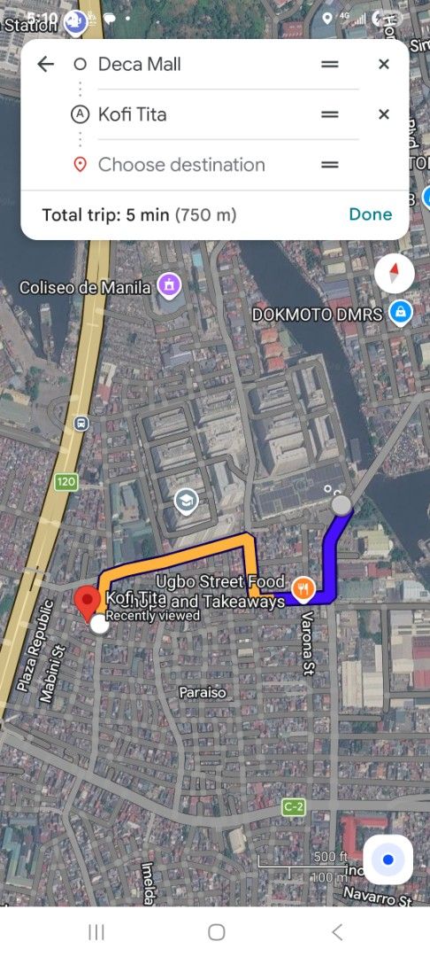 walking distance to Deca Mall Route Map Navigation (Category: House & Lot) located in Manila. Submitted by catherinep82284 (Listing ID 1465534068, Image 1). Description: - Route: From Kofi Tita to Deca Mall - Distance: Approx. 750 meters - Travel Time: Roughly 5 minutes - Path: Clear routing via local streets.