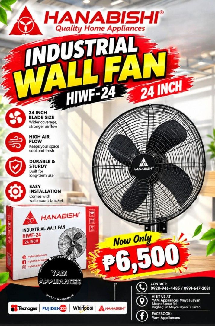 Wall Fan (Category: Other Kitchen Appliances) located in Caloocan City. Submitted by yam_appliances (Listing ID 1465557116, Image 1). Description: 24inches wall Fan hanabishi brand brandnew mallpullout with warranty.