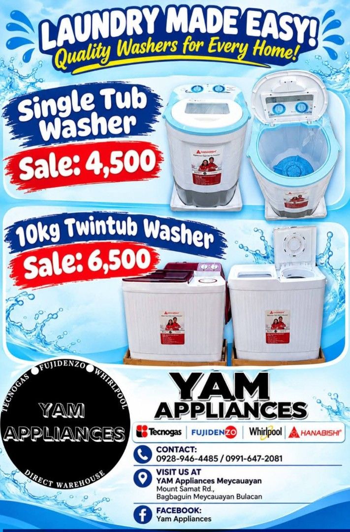 Washing Machine (Category: Washing Machines and Dryers) located in Caloocan City. Submitted by yam_appliances (Listing ID 1465558731, Image 1). Description: 9kg Single Tub Washer 4,500 10kg Twintub Washer 6,500 brandnew mallpullout with 3months warranty hanabishi brand.