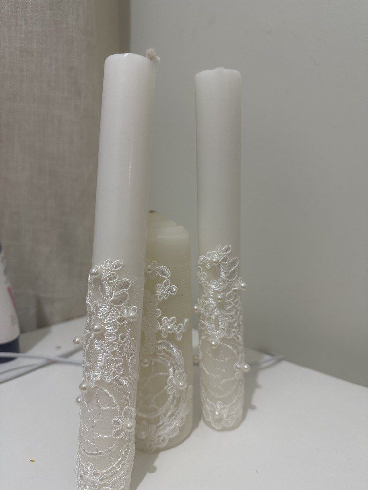 Wedding essentials: wedding candles (Category: Lighting) located in Pasig City. Submitted by ihavesomuchstuff (Listing ID 1465460730, Image 1). Description: Came as a set with the rest of my wedding essentials, did not get to use these as my church provided their own. .