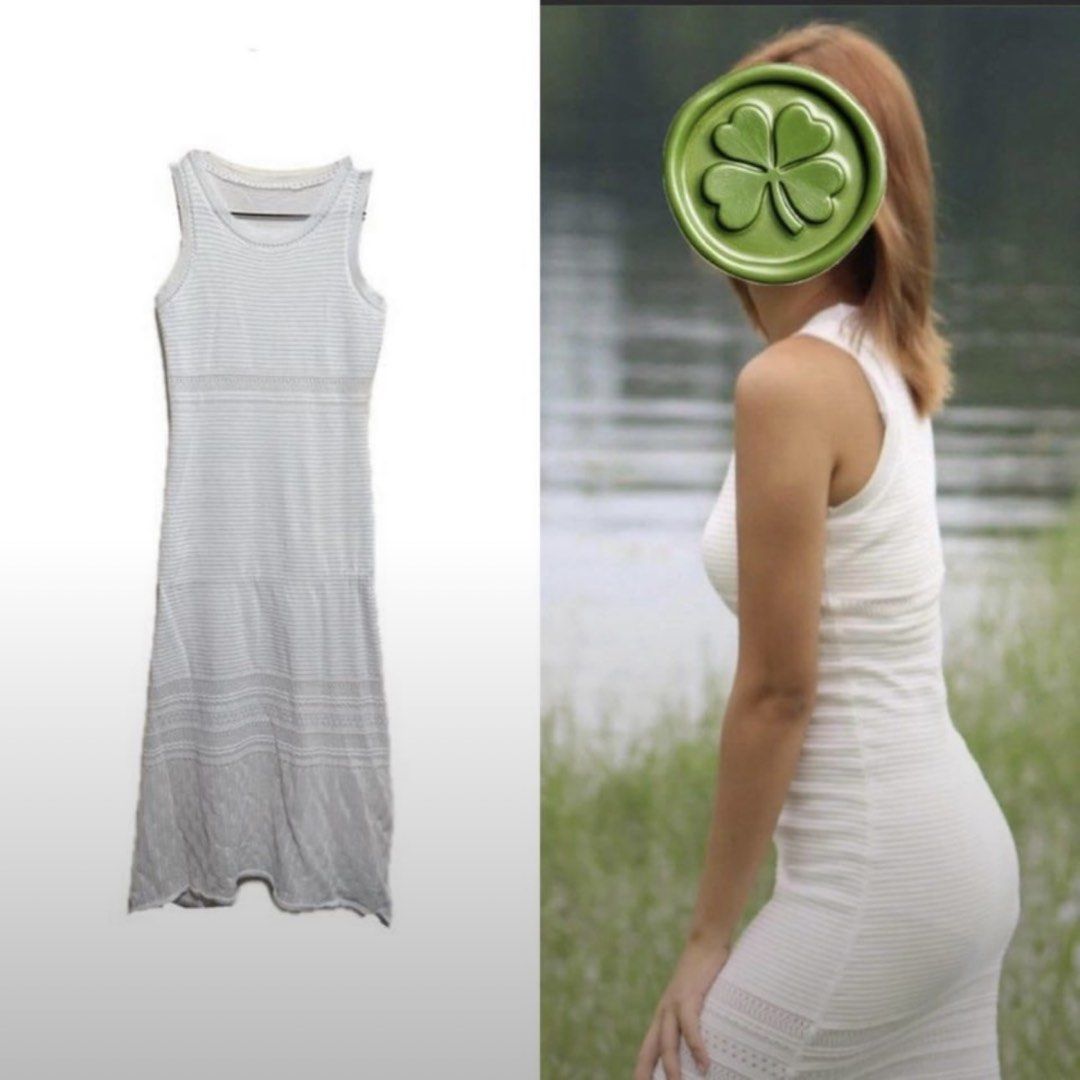 White Knit Sleeveless Midi Dress (Category: Dresses) located in Manila. Submitted by kksantos0220983 (Listing ID 1465540176, Image 1). Description: - Style: White sleeveless ribbed midi dress - Fit: Form-fitting silhouette with a classic round neckline - Detail: Chic patterned open-knit texture at the lower section and hem - Versatility: Perfect for casual outings, beach days, or warm weather - Pairing: Easily dress it up or down with sandals, sn