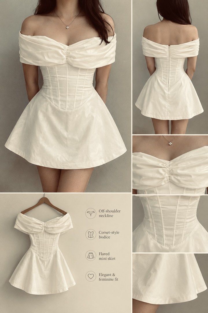 White Off-Shoulder Corset Mini Dress (Category: Dresses) located in Manila. Submitted by nevaur (Listing ID 1465563018, Image 1). Description: Medium Size / Used once Price negotiable .