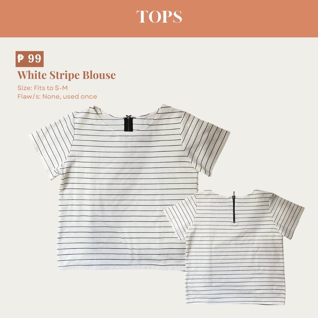 White Stripe Blouse (Category: Blouses) located in Manila. Submitted by preloveddorangecloset (Listing ID 1465443913, Image 1). Description: - Style: Classic white stripe blouse with short sleeves - Closure: Convenient zip closure at the back collar - Fit: Comfortably fits small to medium frames - Versatility: Timeless pattern that goes with almost anything - Condition: Worn just once, excellent shape, clean and ready to wear.