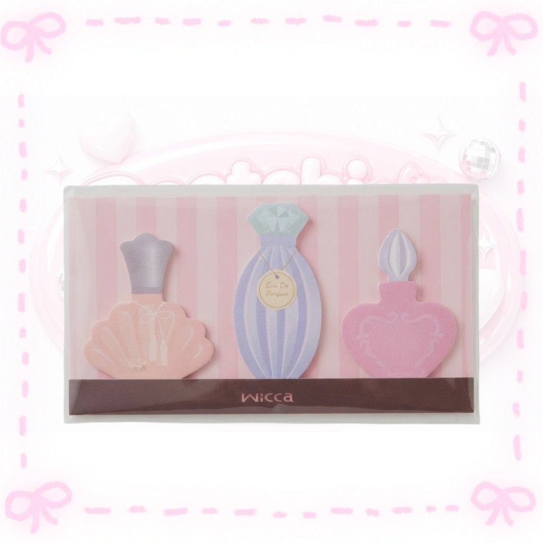 Wicca Perfume Bottle Shape Sticky Notes Set (Category: Stationery & School Supplies) located in Sorsogon. Submitted by mitchelle0425 (Listing ID 1465531384, Image 1). Description: - Cute Wicca memo pad set shaped like vintage perfume bottles - Includes 3 pastel designs in dreamy pink, purple, and blue tones - Features a mix of charming striped and solid backgrounds - Comes brand new in its original plastic sleeve - Perfect for journaling, daily p