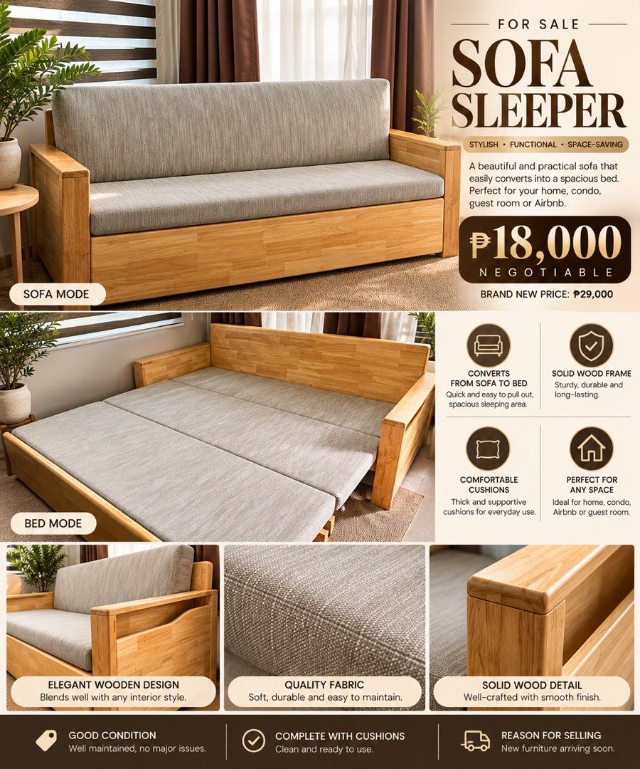 Wooden Sofa Sleeper Pull Out Bed Grey (Category: Sofas) located in Quezon City. Submitted by mgcw0lfe (Listing ID 1465528984, Image 1). Description: - 2-in-1 Design: Easily converts from a comfortable sofa into a spacious bed - Sturdy Build: Made with a durable solid wood frame and thick, supportive grey fabric cushions - Condition: Clean and well-maintained with no major issues - Ideal For: Space-saving living in condos, apartments, living rooms