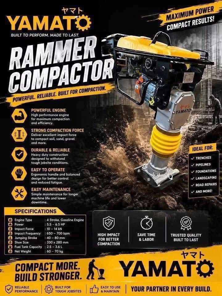 YAMATO TAMPING RAMMER (Category: Announcements) located in San Pablo. Submitted by justineange628 (Listing ID 1465391548, Image 1). Description: YAMATO TAMPING RAMMER Product Model: 125 Jumping Height: 50-70mm Advance Speed: 10-13M/Min Size: 680×600×800mm Power: 6.5hp Impacting Force: 10kn Quantity of Tamping: 600-800/Min Weight: 150kg PRICE: 31,500 MODE OF PAYMENT: COD | COP GCash | Bank Transfer WE DO SHIPPING VIA LALAMOVE🚘 KINDLY PM/DM ME IF 