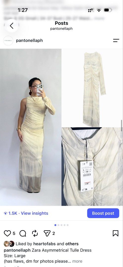 Zara Asymmetrical Tulle Dress Size Large (Category: Dresses) located in Tacloban City. Submitted by pantonellaph (Listing ID 1465421049, Image 1). Description: - Brand: Zara - Condition: Brand new with tags attached (BNWT) but with unnoticeable flaw - Size: Large - Color: Cream - Material: Mesh tulle with full lining - Design: Asymmetrical single-sleeve, all-over ruching, midi length silhouette.