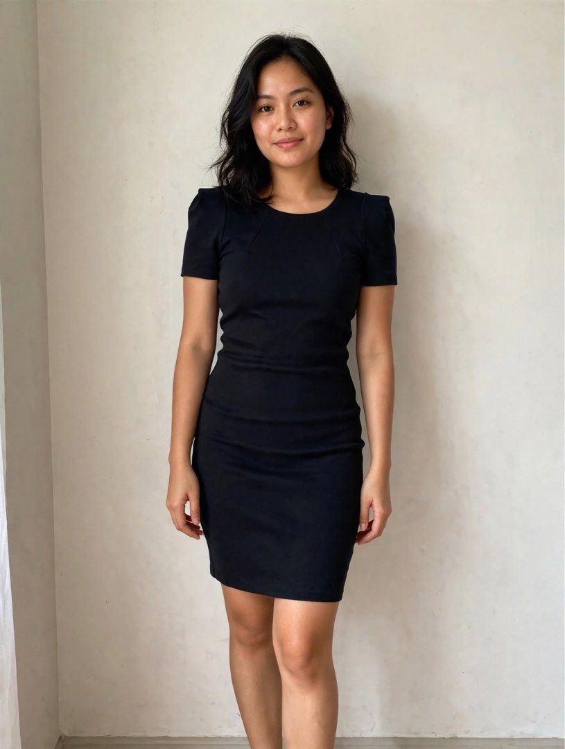 ZARA BASIC Little Black Dress - Bodycon - Size M (Category: Dresses) located in Bulacan. Submitted by knklittlecloset (Listing ID 1465509993, Image 2). Description: Brand: ZARA BASIC (authentic) Size: Medium on tag Color: Black Cut: Bodycon / fitted, knee-length Neckline: Scoop / round neck Sleeve: Short cap sleeves with structured shoulder detail - super flattering! Measurements (laid flat): Bust: ∼16-17 inches Waist: ∼14-15 inches Length: ∼34-3
