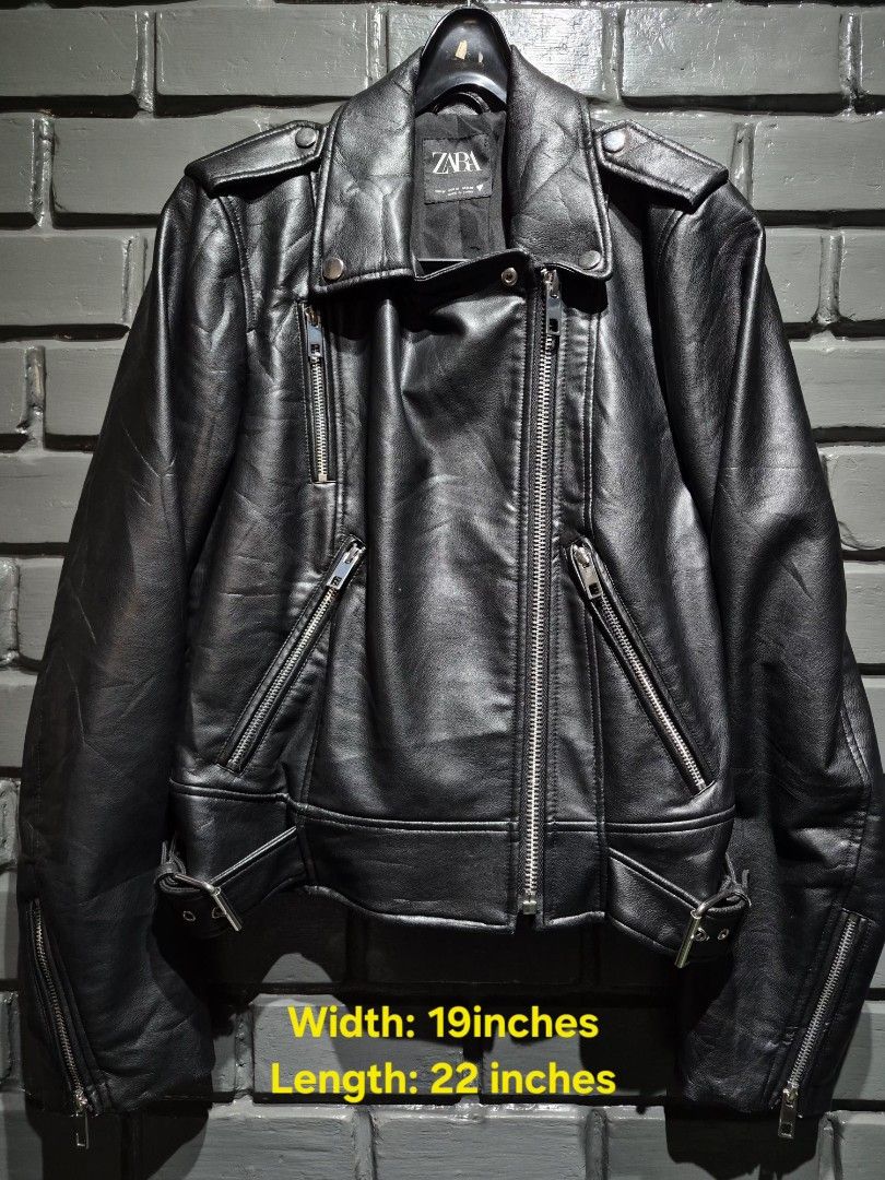ZARA Black Faux Leather Biker Jacket (Category: Coats, Jackets and Outerwear) located in Davao. Submitted by rodrigoani57168 (Listing ID 1465424022, Image 2). Description: - Brand/Item: Zara black faux leather biker jacket - Size: M (Width: 19", Length: 22") - Hardware: Silver-tone with smooth, heavy-duty zippers - Features: Asymmetric front zip, chest and side pockets, zipped cuffs, and adjustable waist belts - Condition: Great staple piece for 