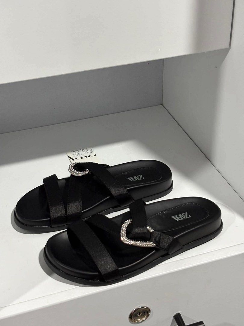 ZARA Black Rhinestone Buckle Flat Sandals (Category: Flats & Sandals) located in Mandaluyong City. Submitted by bayline999 (Listing ID 1465400166, Image 2). Description: SIZES 35 36 38 39 WITH BOX AND PAPERBAG .