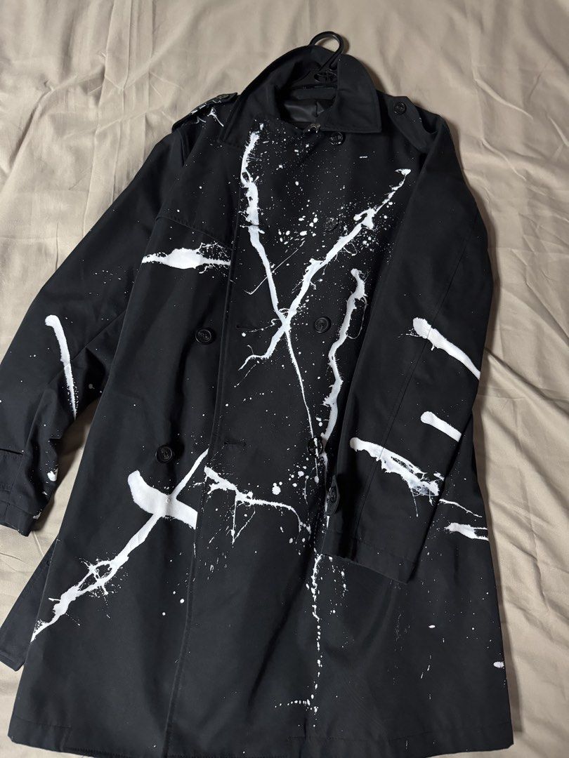 Zara Black White Paint Splatter Trench Coat (Category: Coats, Jackets and Outerwear) located in Manila. Submitted by seangoart (Listing ID 1465517100, Image 1). Description: - Size: L (fits true to standard large) - Color/Design: Black with allover white paint splatter pattern - Closure: Double-breasted button closure with matching fabric waist belt - Interior: Fully lined for comfort - Origin: Made in Indonesia.