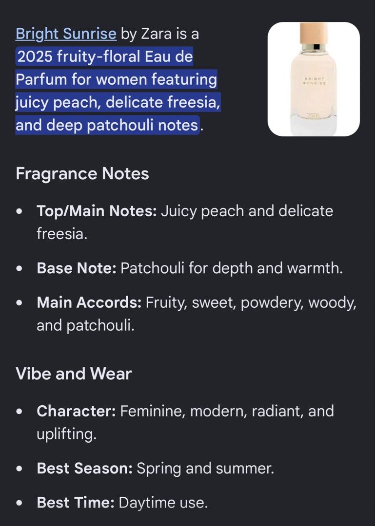 Zara Bright Sunrise EDP 100ml (Category: Fragrance & Deodorants) located in Meycauayan. Submitted by ceejaysselections (Listing ID 1465549062, Image 2). Description: Shop with confidence and comfort. 🤍💖 💯% all original and authentic items with 5x money back guarantee once proven fake. 👍🏻 Grab yours before it runs out! 💌.