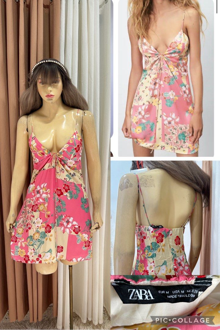ZARA Floral Patchwork Slip Dress Size M (Category: Dresses) located in Cebu City. Submitted by ontrendclxncebu (Listing ID 1465453271, Image 1). Description: - Brand: ZARA - Size: M (Made in Moldova) - Design: Pink & yellow floral patchwork slip dress - Details: Adjustable spaghetti straps, plunging V-neckline, front tie, mini length - Fabric: Lightweight silky material - Condition: Great piece for summer days, beach trips, or night outs - Stylin