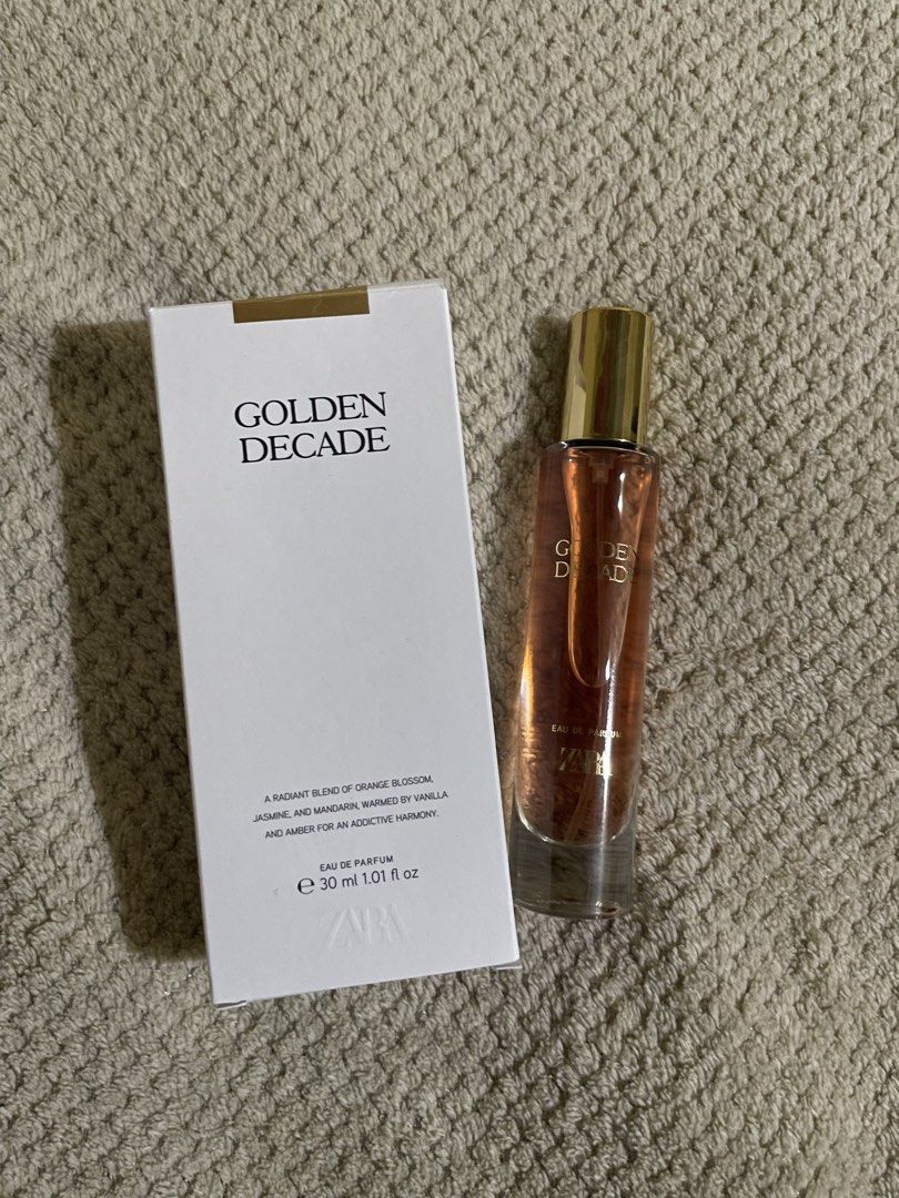 Zara Golden Decade Eau De Parfum 30ml (Category: Fragrance & Deodorants) located in San Mateo. Submitted by stassiealy (Listing ID 1465492845, Image 1). Description: - Brand: Zara - Fragrance: Golden Decade Eau de Parfum - Volume: 30 ml - Packaging: Comes with original box - Scent Profile: Warm blend of orange blossom, jasmine, mandarin, vanilla, and amber - Design: Transparent glass bottle with a chic gold cap - 100% authentic few times spray on
