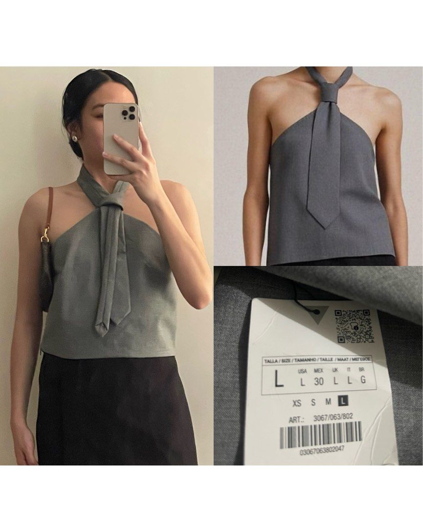 Zara Grey Neck Tie Halter Top (Category: Sleeveless) located in Manila. Submitted by plsdeclutterwithme (Listing ID 1465451481, Image 1). Description: - Brand: Zara - Style: Halter top with unique built-in neck tie design - Size: Large - Color: Solid grey - Condition: Worn only once for a quick photo, stored properly - Versatility: Perfect for smart casual outfits or dressing up.