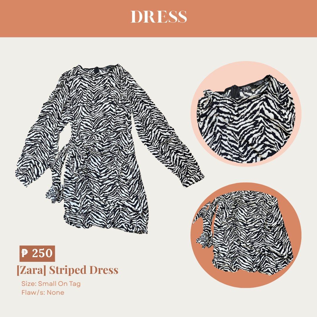 Zara Striped Dress (Category: Dresses) located in Manila. Submitted by preloveddorangecloset (Listing ID 1465444643, Image 1). Description: - Brand: Zara - Style: Black and white zebra print dress with long sleeves - Details: Ruffled shoulders, chic side tie, and convenient back zipper closure - Size: Small - Condition: Excellent, no flaws found on the fabric - Never worn.