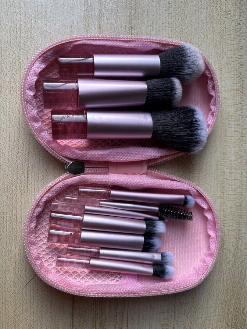 10 Pcs Portable Pink Makeup Brush Set with Case (Category: Makeup) located in Quezon City. Submitted by openfortrades (Listing ID 1469247455, Image 3). Description: RFS: accidentally bought 2 of these - Brand new and unopened in original packaging - Complete 10-piece mini brush set in a cute matching pink color - Includes face brushes, eyeshadow brushes, blending brushes, and a spoolie - Soft synthetic hair with durable plastic handles and metal 