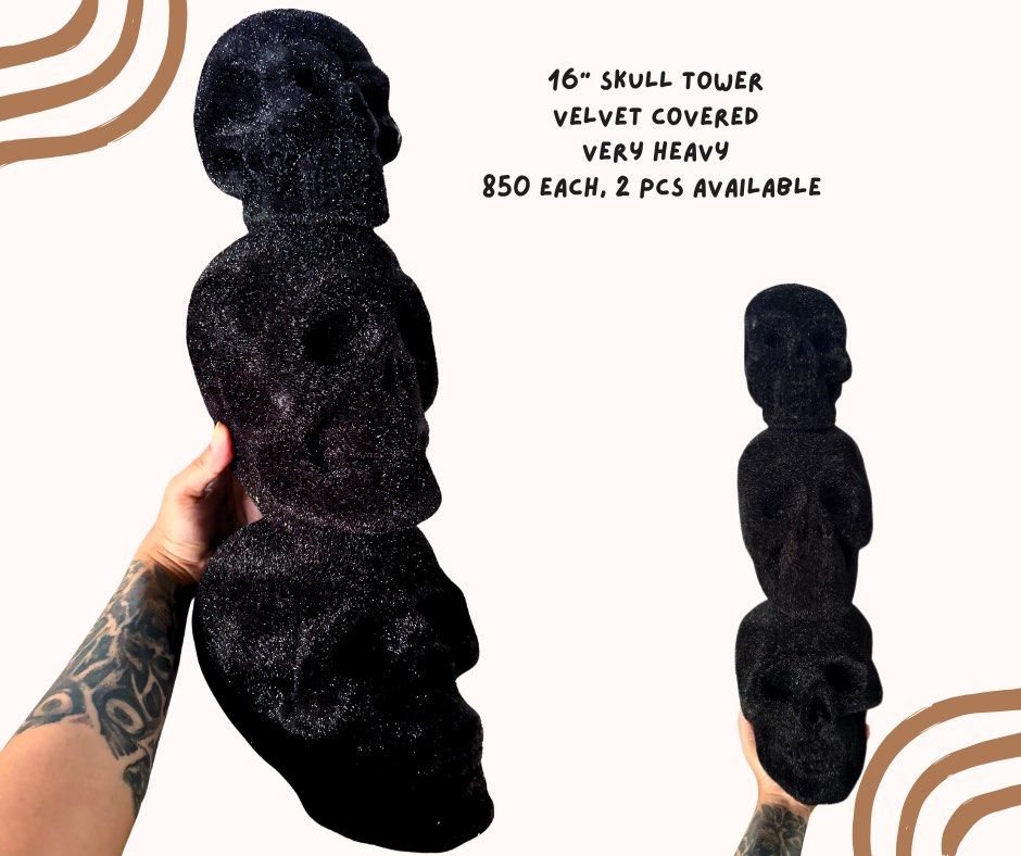 16” Black Velvet Skull Tower Tabletop Decor (Category: Other Home Decor) located in Pasig City. Submitted by homeyvibesph (Listing ID 1469265372, Image 1). Description: 2 Towers available .