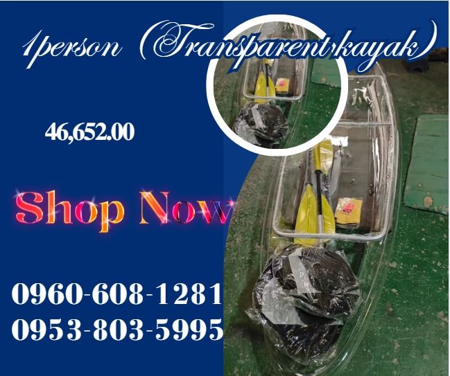 1person (Transparent kayak) (Category: Home Improvement Tools & Accessories) located in Caloocan City. Submitted by happystorm_d41630 (Listing ID 1469169344, Image 1). Description: ●Material: 6mm polycarbonate PC board material ●weight:14kg ●Size: 2.42*0.7*0.29m accessories: paddle, Aluminum frame, Dual airbags, black cloth seat tail rudder .