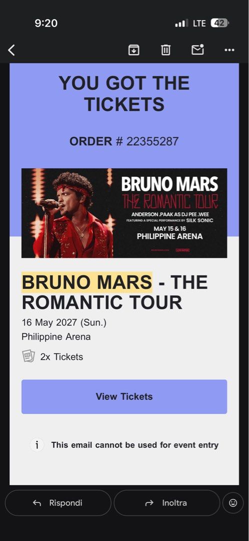 2 Bruno Mars The Romantic Tour Floor Standing (Category: Events Tickets) located in Quezon City. Submitted by yannyy001 (Listing ID 1469168560, Image 1). Description: Bruno Mars The Romantic Tour May 16, 2027 2 Tickets available 36,500 for 2 .