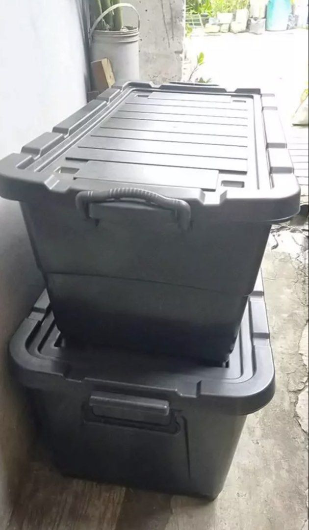 2 pcs Large Black Mega Box (Category: Storage Boxes & Baskets) located in Cagayan de Oro. Submitted by forevercurious (Listing ID 1469371888, Image 1). Description: - 2 mega boxes for 1k. - Used to store clothes for 6 months. Lady owned. - RFS already have a big closet. Need to dispose to make more space. - 33 Liters or more. - As good as new. 📍 Makati City - Durable black heavy-duty plastic construction - Secure latching side handles for safe t