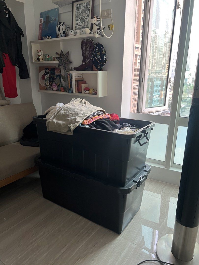2 pcs Large Black Mega Box (Category: Storage Boxes & Baskets) located in Cagayan de Oro. Submitted by forevercurious (Listing ID 1469371888, Image 2). Description: - 2 mega boxes for 1k. - Used to store clothes for 6 months. Lady owned. - RFS already have a big closet. Need to dispose to make more space. - 33 Liters or more. - As good as new. 📍 Makati City - Durable black heavy-duty plastic construction - Secure latching side handles for safe t