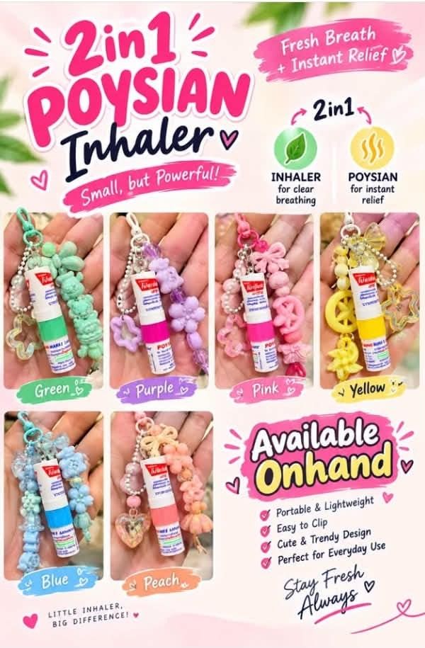 2in1 Poysian Inhaler Cute Beaded Strap (Category: Character Goods) located in Zaragoza. Submitted by sherree1281 (Listing ID 1469382952, Image 1). Description: - 2-in-1 Design: Clear breathing inhaler on one end and instant relief oil on the other - Trendy Accessory: Comes with colorful beaded straps and keychains for everyday style - Portable & Lightweight: Easy to carry in your bag or wear on the go - Available Colors: Green, purple, pink, yell