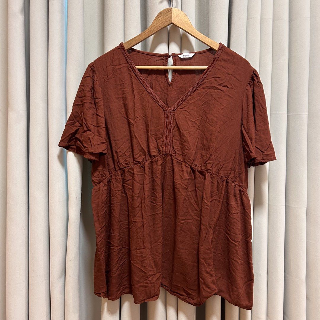 2XL Sonoma Rayon Rust Brown V-Neck Top (Category: Blouses) located in Rizal. Submitted by from99abovecloset (Listing ID 1469162228, Image 1). Description: CODE:184 Size: 2XL Armhole (laid flat):11” Bust (around): 54” Length (laid flat): 28” Cotton rayon | loose | like new.