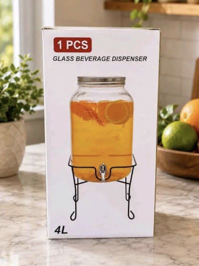 4L Glass Beverage Dispenser with Stand (Category: Pitchers & Dispensers) located in Quezon City. Submitted by cornpaperplane (Listing ID 1469299594, Image 1). Description: - Capacity: 4 litres of your favorite beverages - Includes a sturdy metal stand and secure screw-on lid - Condition: Brand new, unopened, and fully packaged in its original box Never opened! Pm for photos Rfs: don't need itt.
