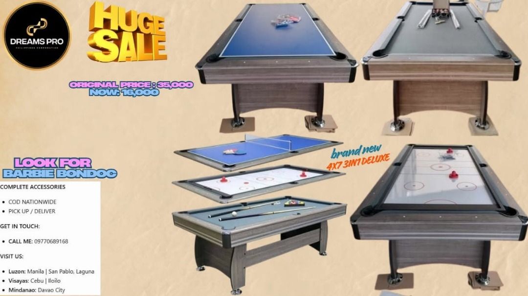 4x7 3 in 1 Deluxe Multi Game Table (Category: Board Games & Puzzles) located in Caloocan City. Submitted by warmshark-d5dd7f (Listing ID 1469215149, Image 1). Description: Multifunctional game table set. Includes setup for billiards, table tennis, and air hockey. Complete accessories included with cues, balls, net, paddles, and pucks. Sturdy wooden frame construction with adjustable feet. COD available nationwide. Pick up and delivery options ope