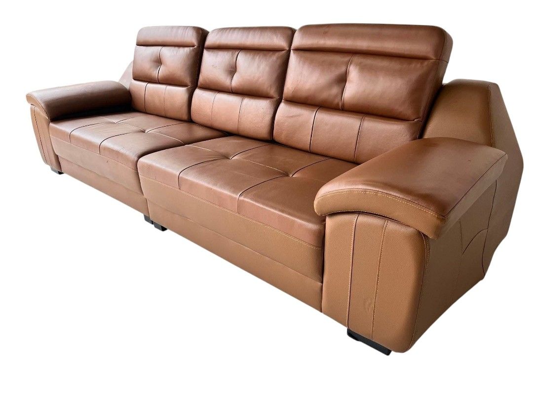 5–6 SEATER HIGHBACK GERMAN LEATHER SOFA (Category: Sofas) located in Mexico. Submitted by mgracejapansurplus (Listing ID 1469243552, Image 3). Description: JAPAN SURPLUS 🇯🇵 NEW ARRIVAL 🔥 5–6 SEATER HIGHBACK GERMAN LEATHER SOFA - Premium warm brown German leather, smooth & durable - Plush high-back cushions with tufted detailing - Wide padded armrests, sturdy block legs - Spacious — fits 5–6 people comfortably - Condition: Good overall — minor 